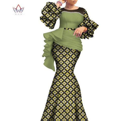 2021 Long African Dresses For Women Dashiki Nigeria Traditional Wedding outfit Bazin Riche Wax pearl gown Lantern Sleeve WY7769