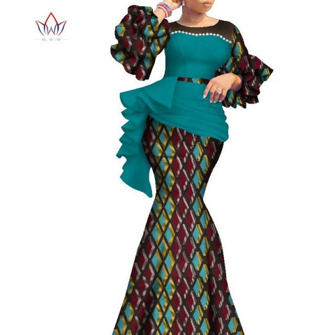 2021 Long African Dresses For Women Dashiki Nigeria Traditional Wedding outfit Bazin Riche Wax pearl gown Lantern Sleeve WY7769