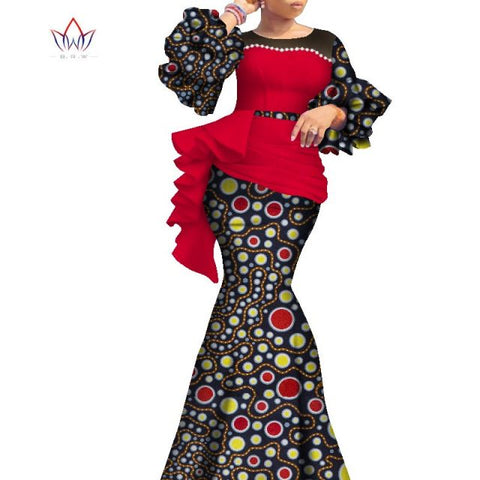 2021 Long African Dresses For Women Dashiki Nigeria Traditional Wedding outfit Bazin Riche Wax pearl gown Lantern Sleeve WY7769