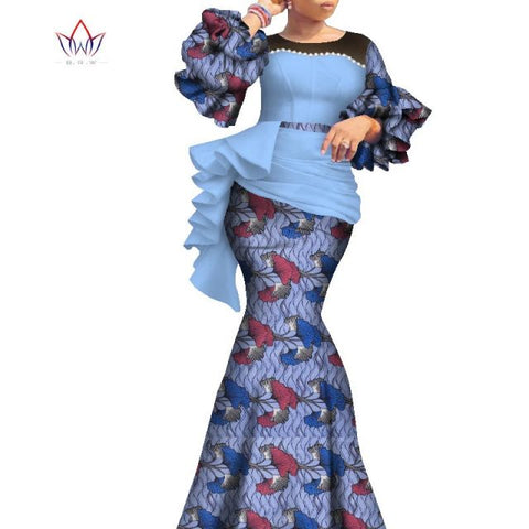 2021 Long African Dresses For Women Dashiki Nigeria Traditional Wedding outfit Bazin Riche Wax pearl gown Lantern Sleeve WY7769