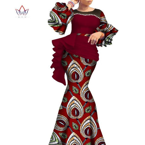2021 Long African Dresses For Women Dashiki Nigeria Traditional Wedding outfit Bazin Riche Wax pearl gown Lantern Sleeve WY7769